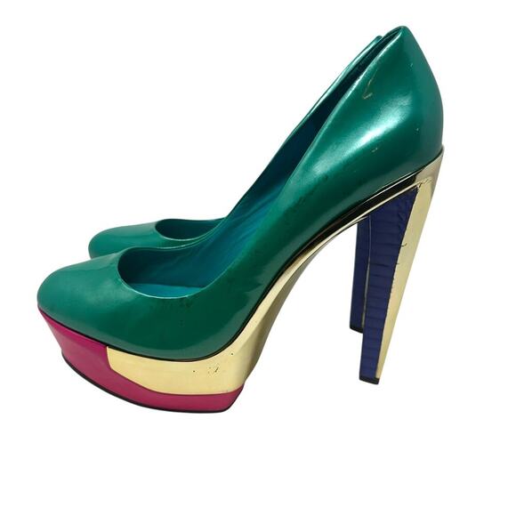 B Brian Atwood Leonida Turquoise Multi Platform Metal Gold Pump Heel Size US 10 - Picture 10 of 12